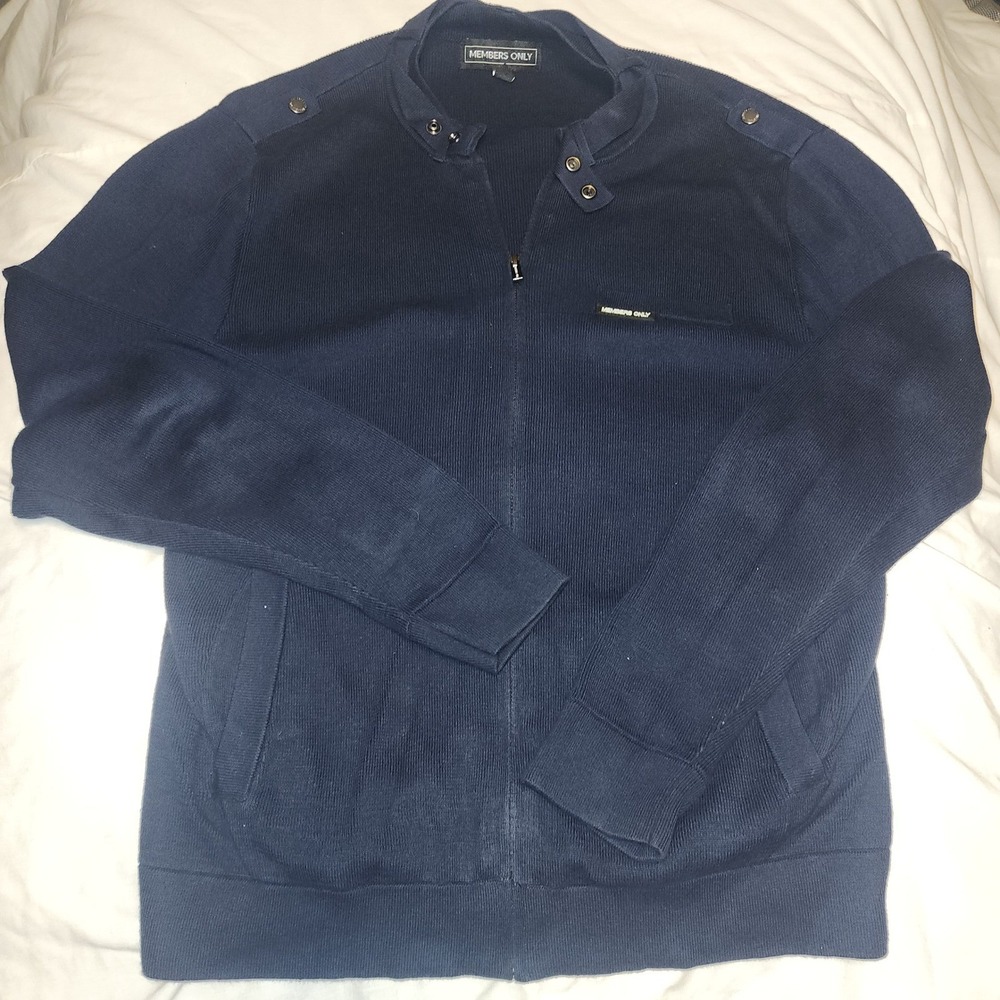 Members Only Mens Navy Blue Ribbed Knit Full Zip Racer Sweater Jacket Large
